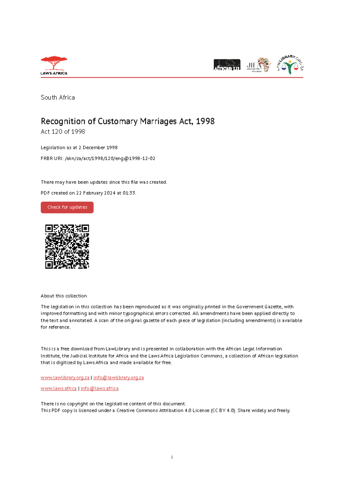Recognition Of Customary Marriages Act 1998