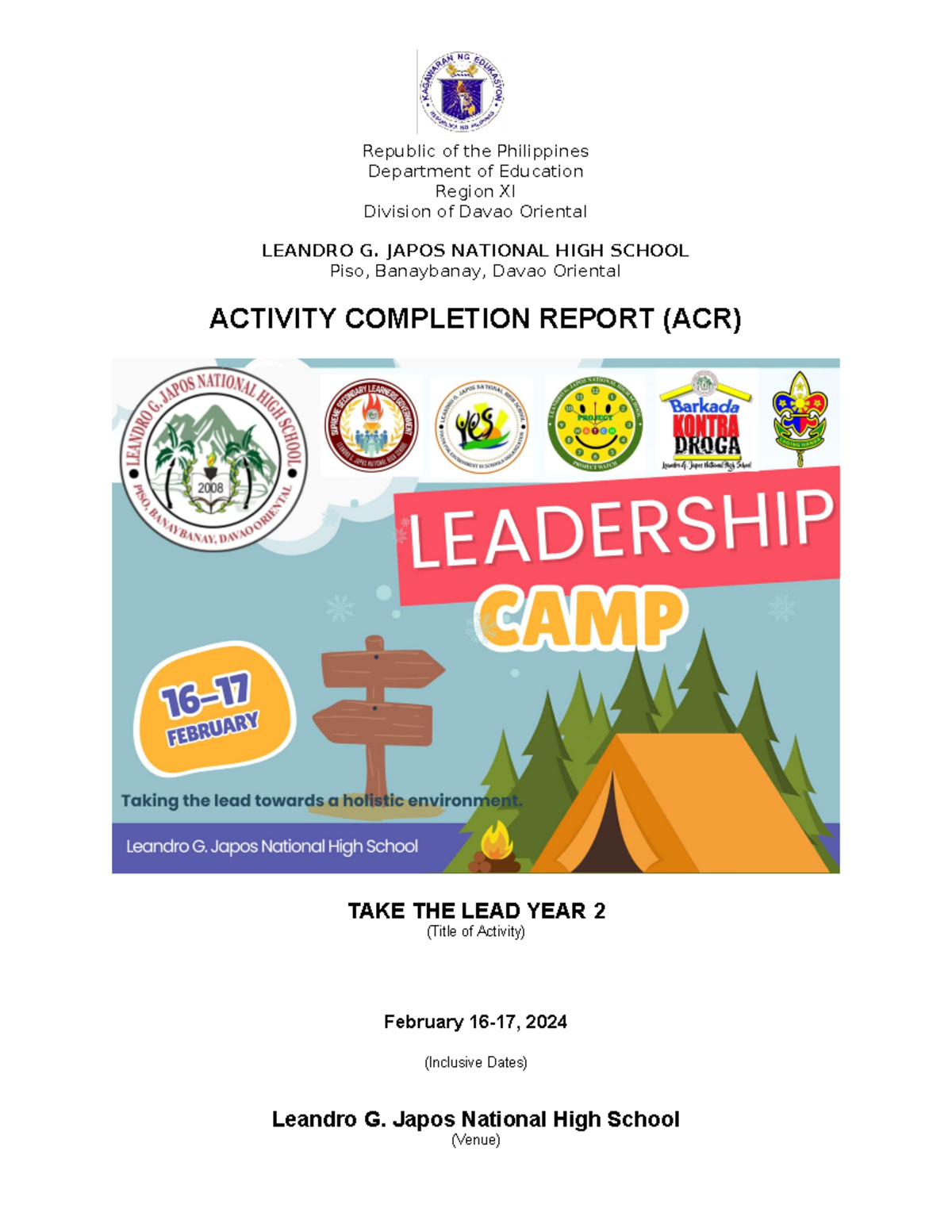 Activity Completion Report - TAKE THE LEAD year 2 - Department of ...
