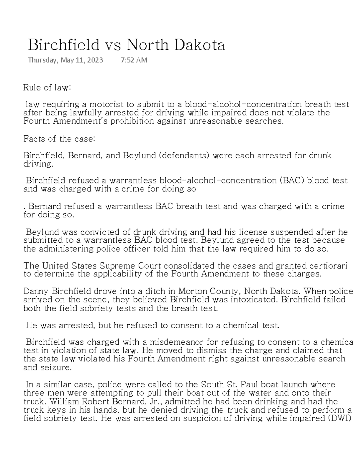 Birchfield vs North Dakota Rule of law law requiring a motorist to