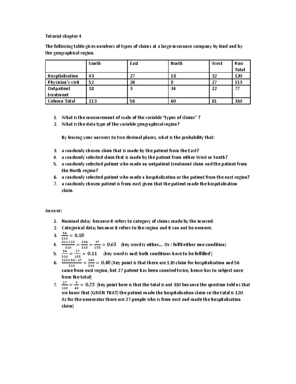 COQT - Probability TEST MEMO - Tutorial chapter 4 The following table ...