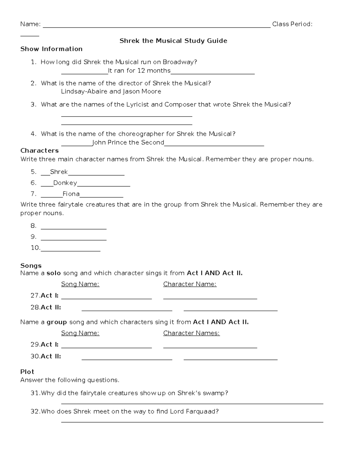 Copy of FAS Shrek the Musical Study Guide - Name: - Studocu