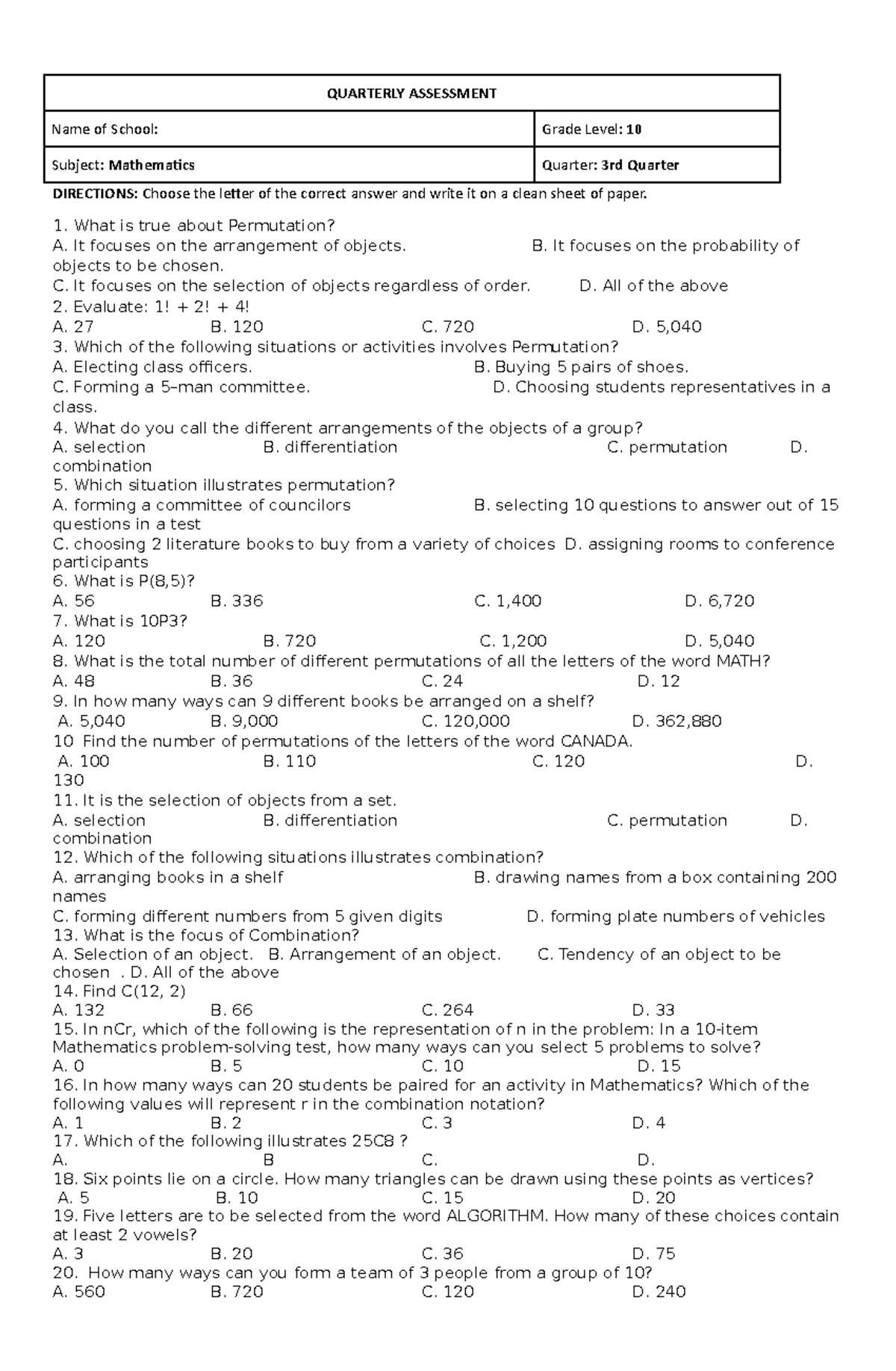 TEST Math10 Q3 Test in Mathematics for Quarter. QUARTERLY