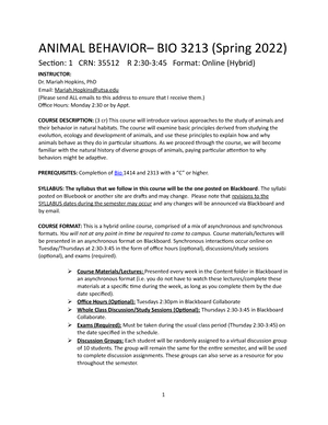 Hopkins Animal Behavior Syllabus Spring 2022 Section 1 - ANIMAL BEHAVIOR–  BIO 3213 (Spring 2022) - Studocu