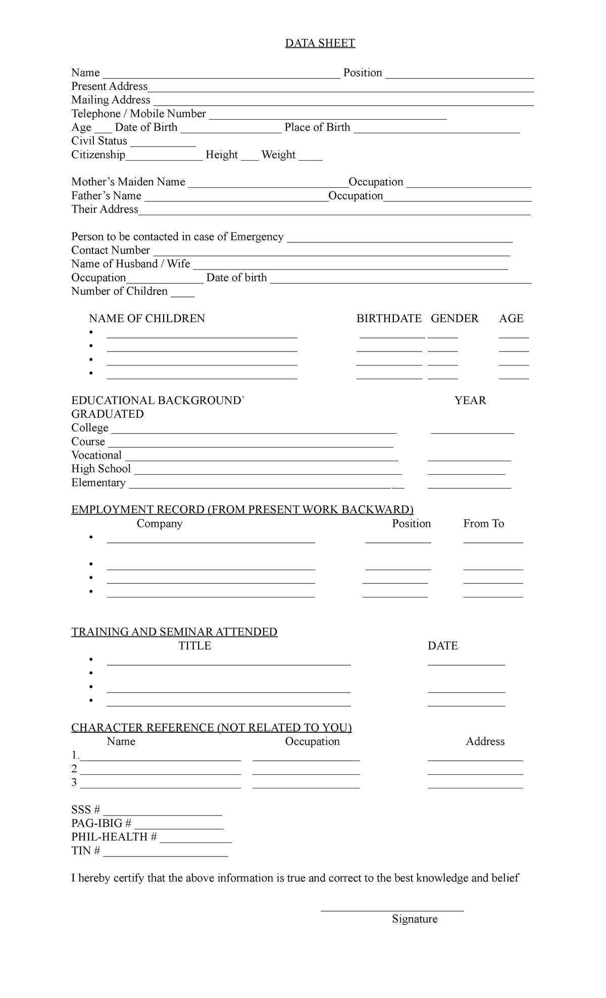 Data sheets 2 - BASIC APPLICATION FORM - DATA SHEET Name