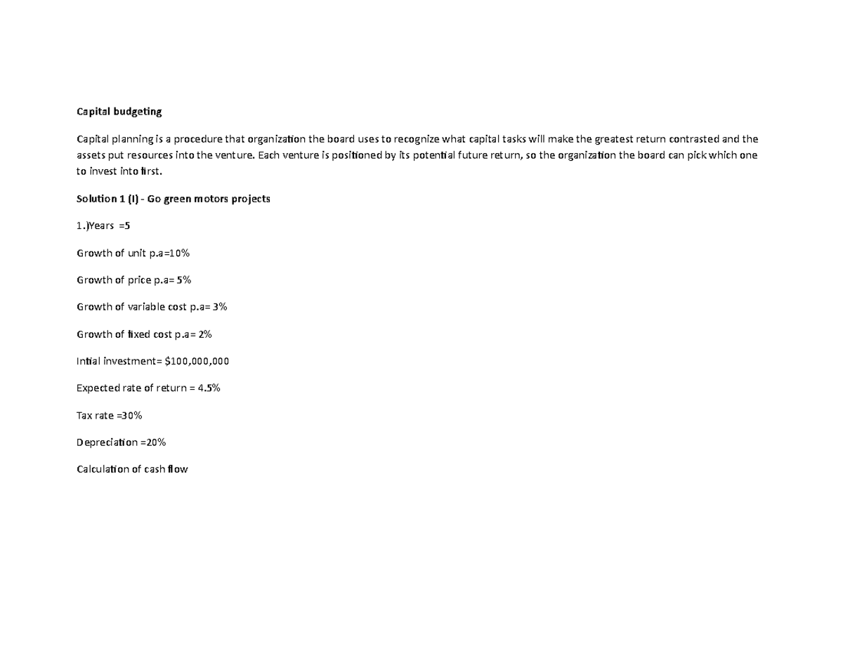 Capital Budgeting - Grade: a - Capital budgeting Capital planning is a ...