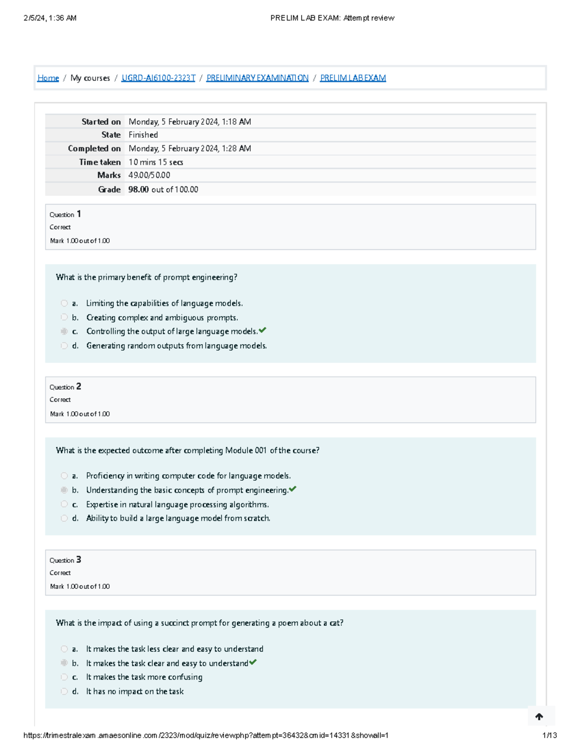 AI Prompt Prelim Lab Exam 100 - Home / My courses / UGRD-AI6100-2323T ...
