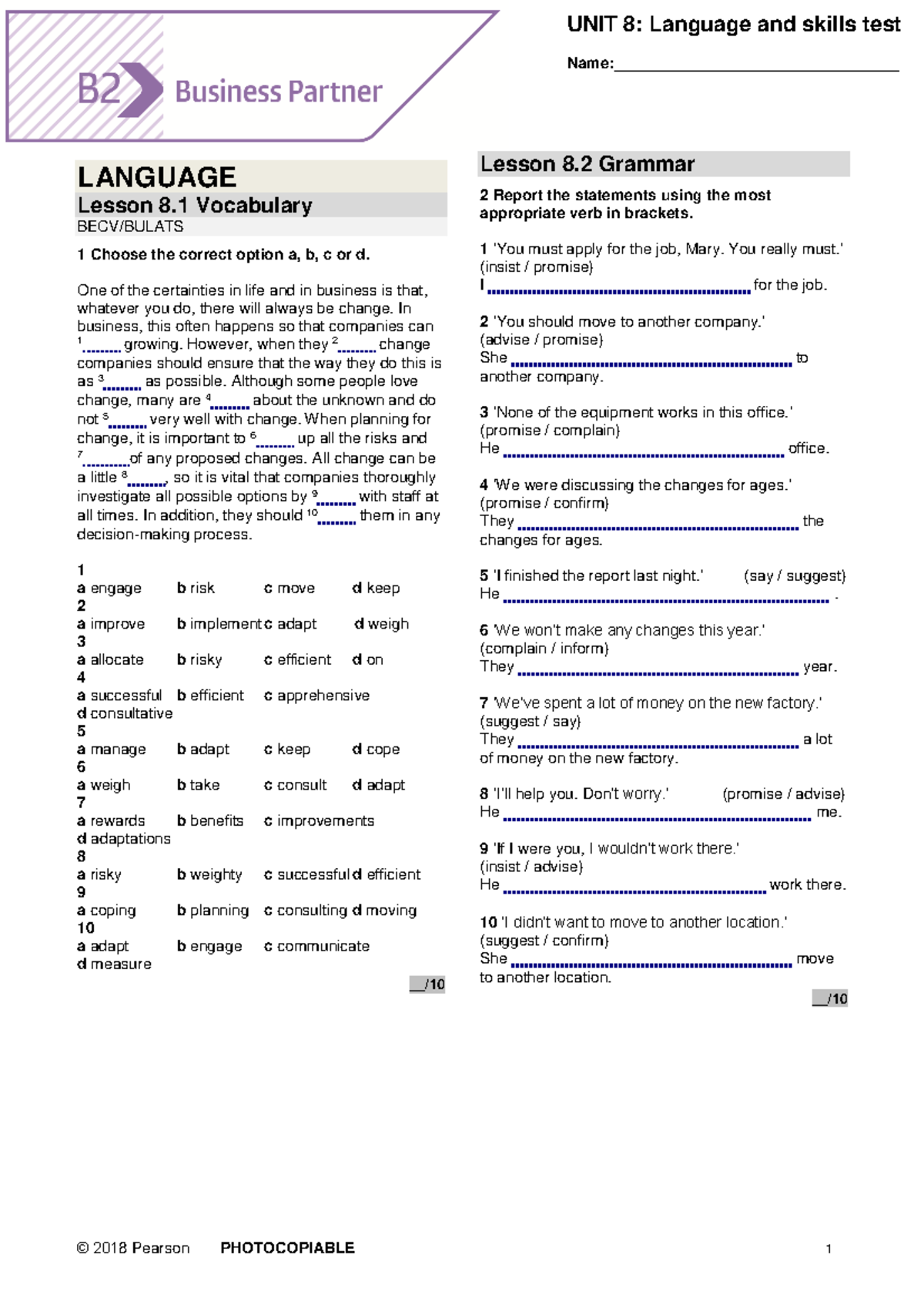 BP B2 Tests Unit8 - Name:_________________________________ LANGUAGE ...