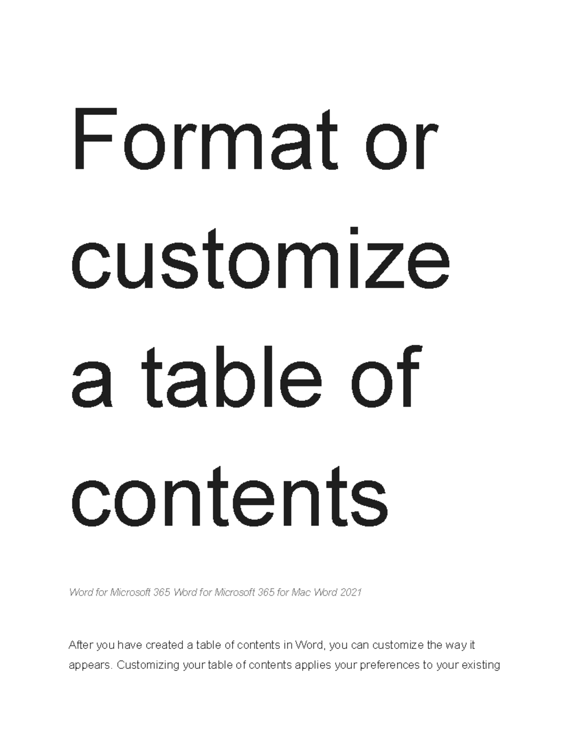 Format or customize a table of contents Format or customize a table