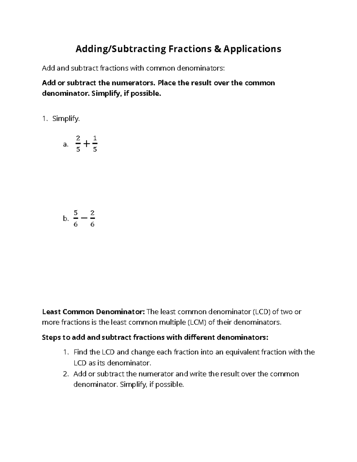 Lecture Notes (Adding And Subtracting Fractions And Applications) TR ...