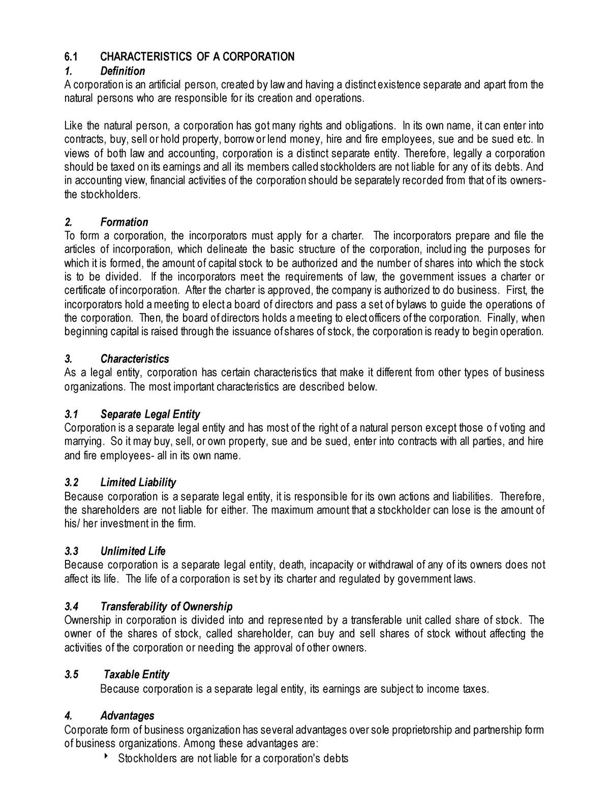 Corporation - principle of accounting short notes - 6 CHARACTERISTICS ...