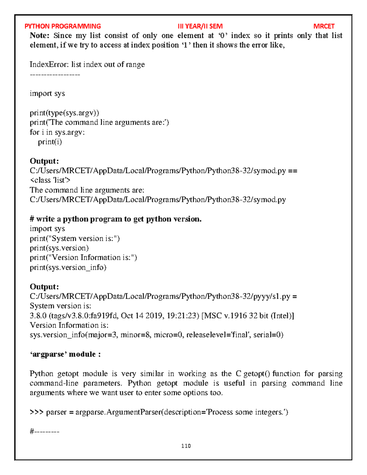 Python Programming Notes 115-142 - Note: Since my list consist of only ...