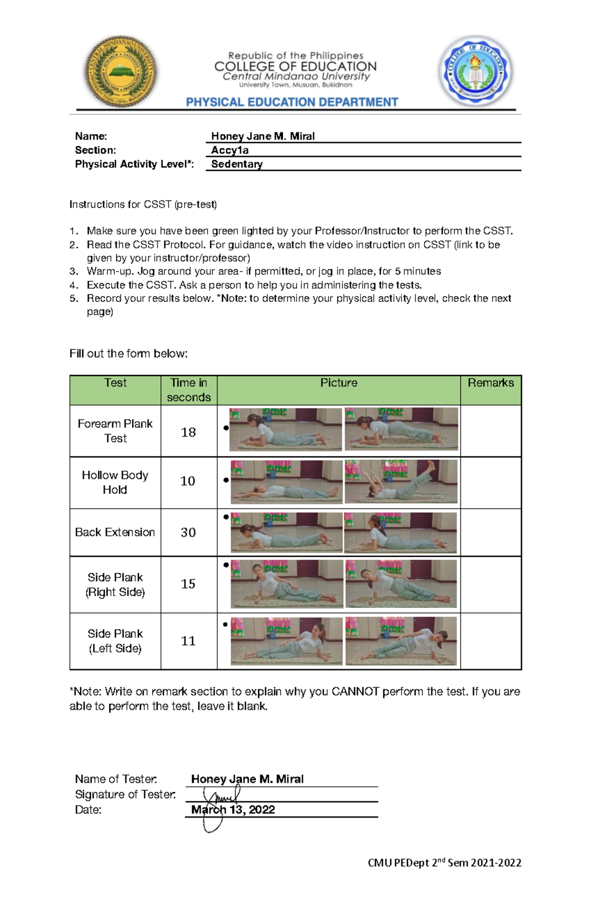 Miral 2022 CSST Form - PE 32 - CMU PEDept 2nd Sem 2021- Name: Honey ...