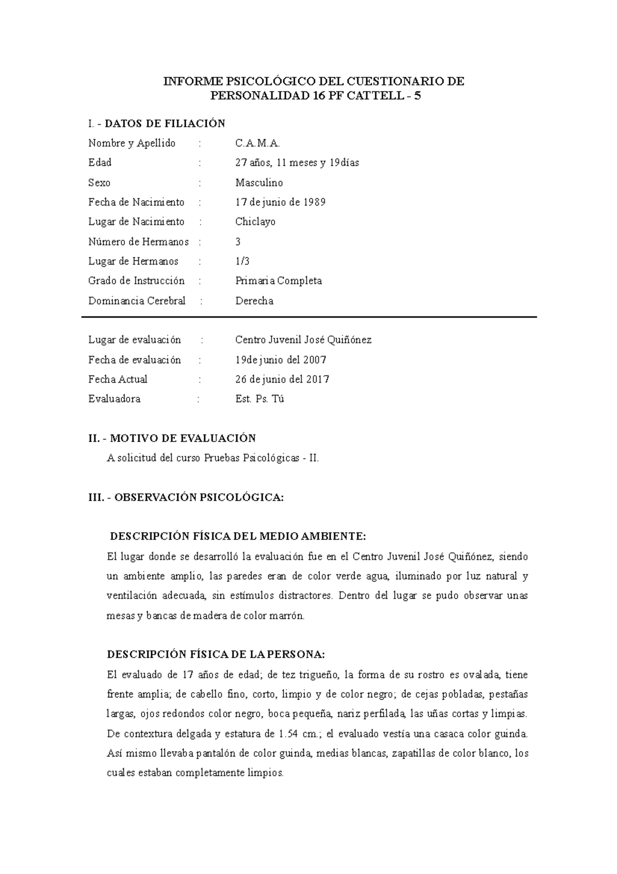 Informe Modelo 16pf Final Informe PsicolÓgico Del Cuestionario De Personalidad 16 Pf Cattell 6239