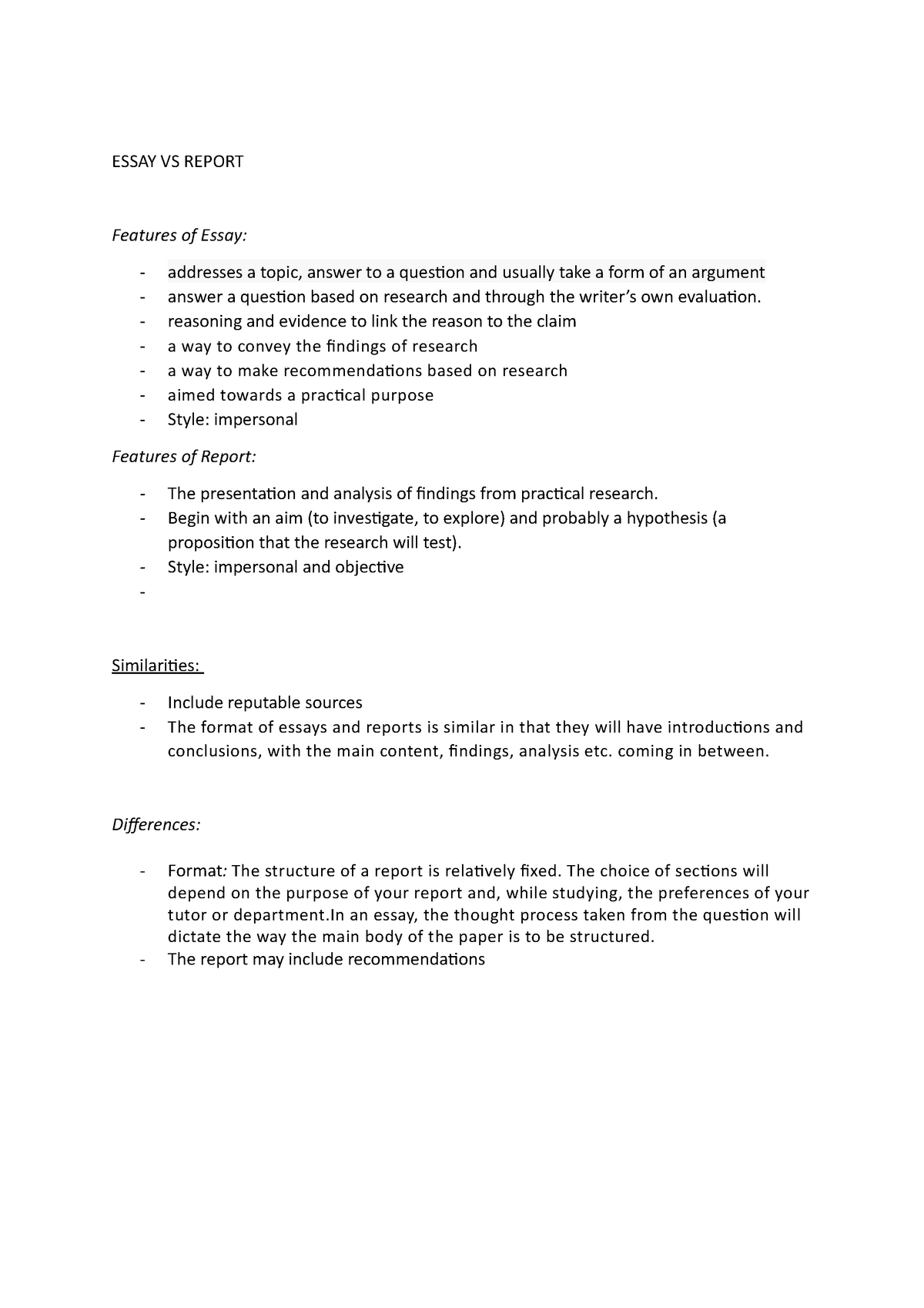 differences essay report