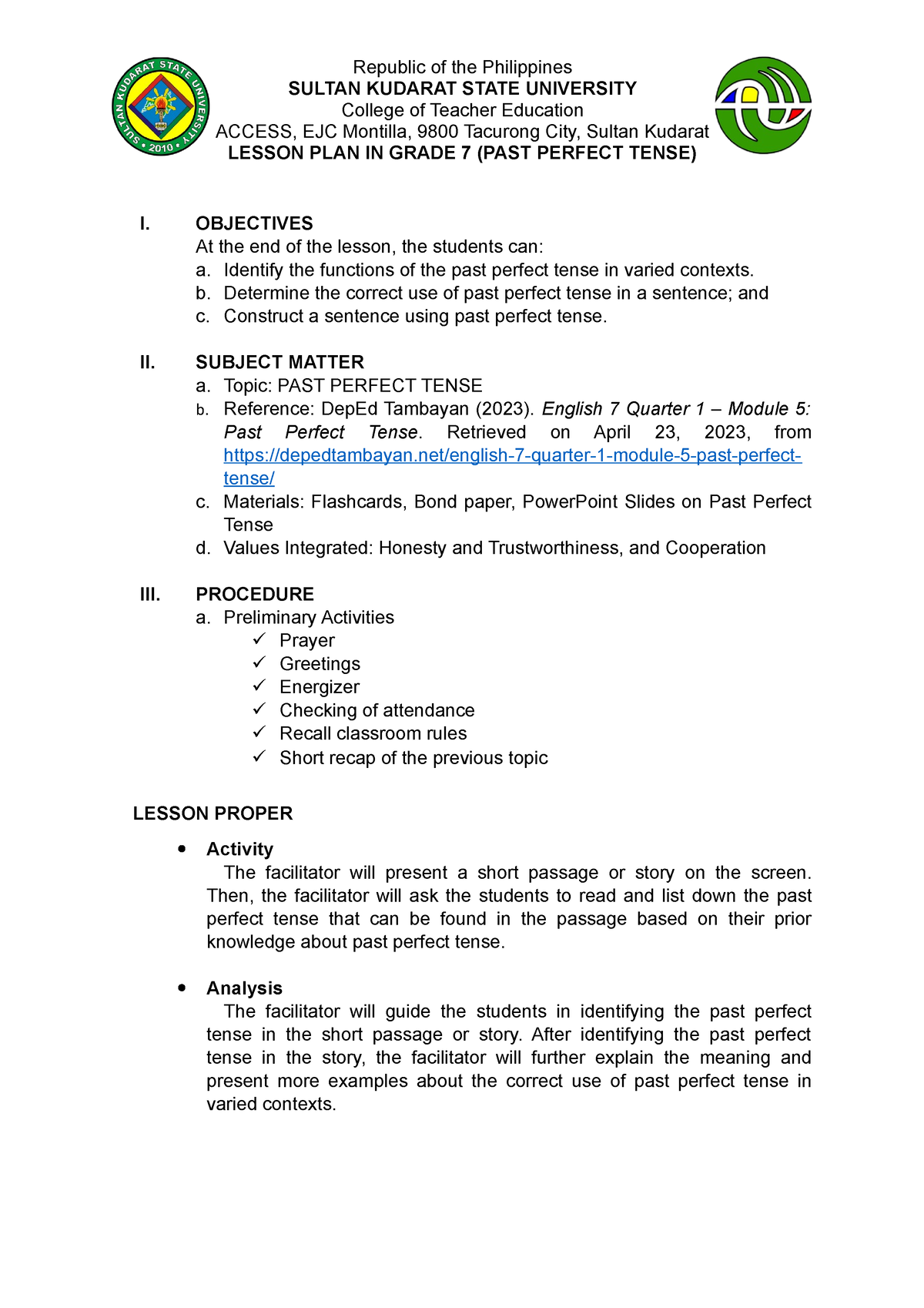 Group 1 Lesson PLAN - Republic Of The Philippines SULTAN KUDARAT STATE ...