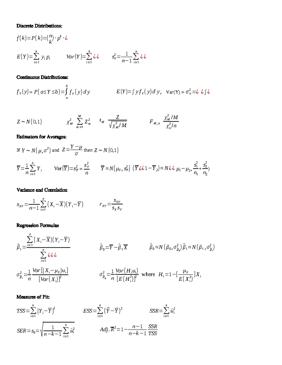 Final+Exam+Cheat+Sheet+ 2023 - Discrete Distributions: f (k )=P( k )=(n ...