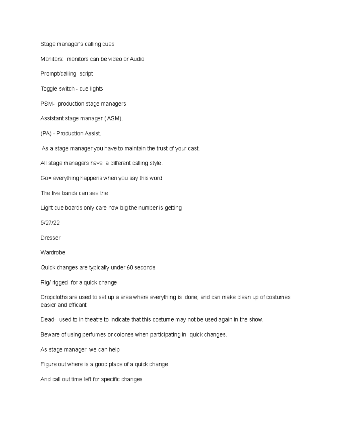 Stage manager’s calling cues notes Stage manager’s calling cues