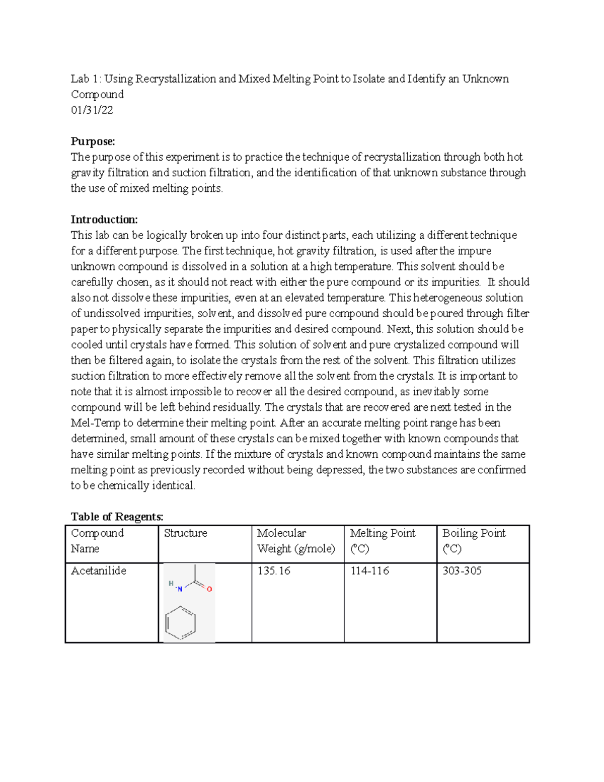 Lab Report 1 Ochem Rerystalization Filtering And Mixed Melting Point Testing Lab Report 1 Ochem Rerystalization Filtering And Mixed Melting Point Testing