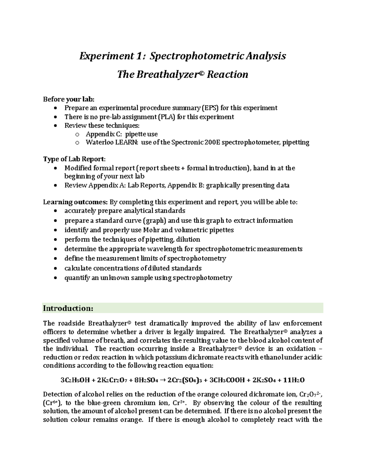 Experiment 1 Background and procedure Experiment 1 Spectrophotometric Analysis The