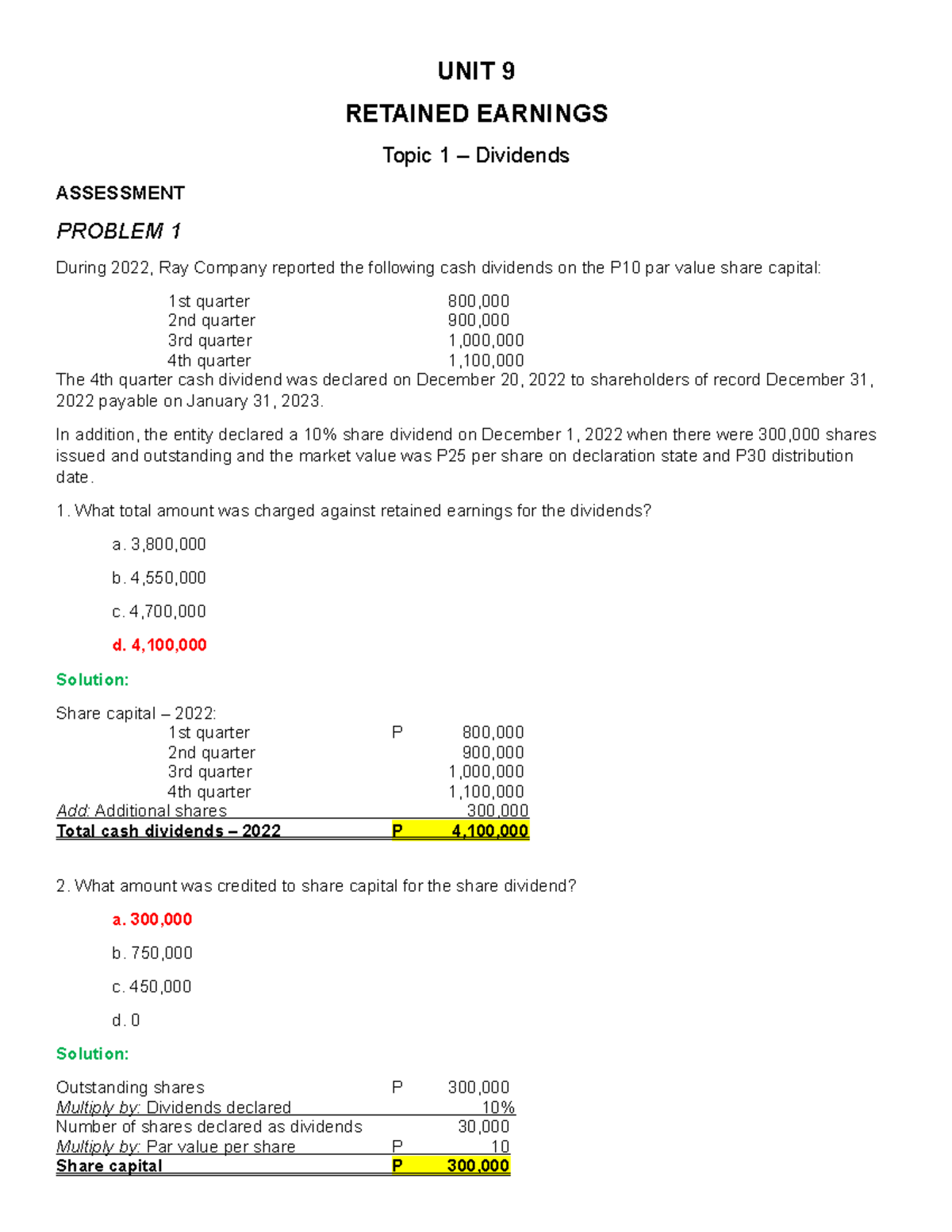 Acar Unit9 Topic 1 Assessment UNIT 9 RETAINED EARNINGS Topic 1