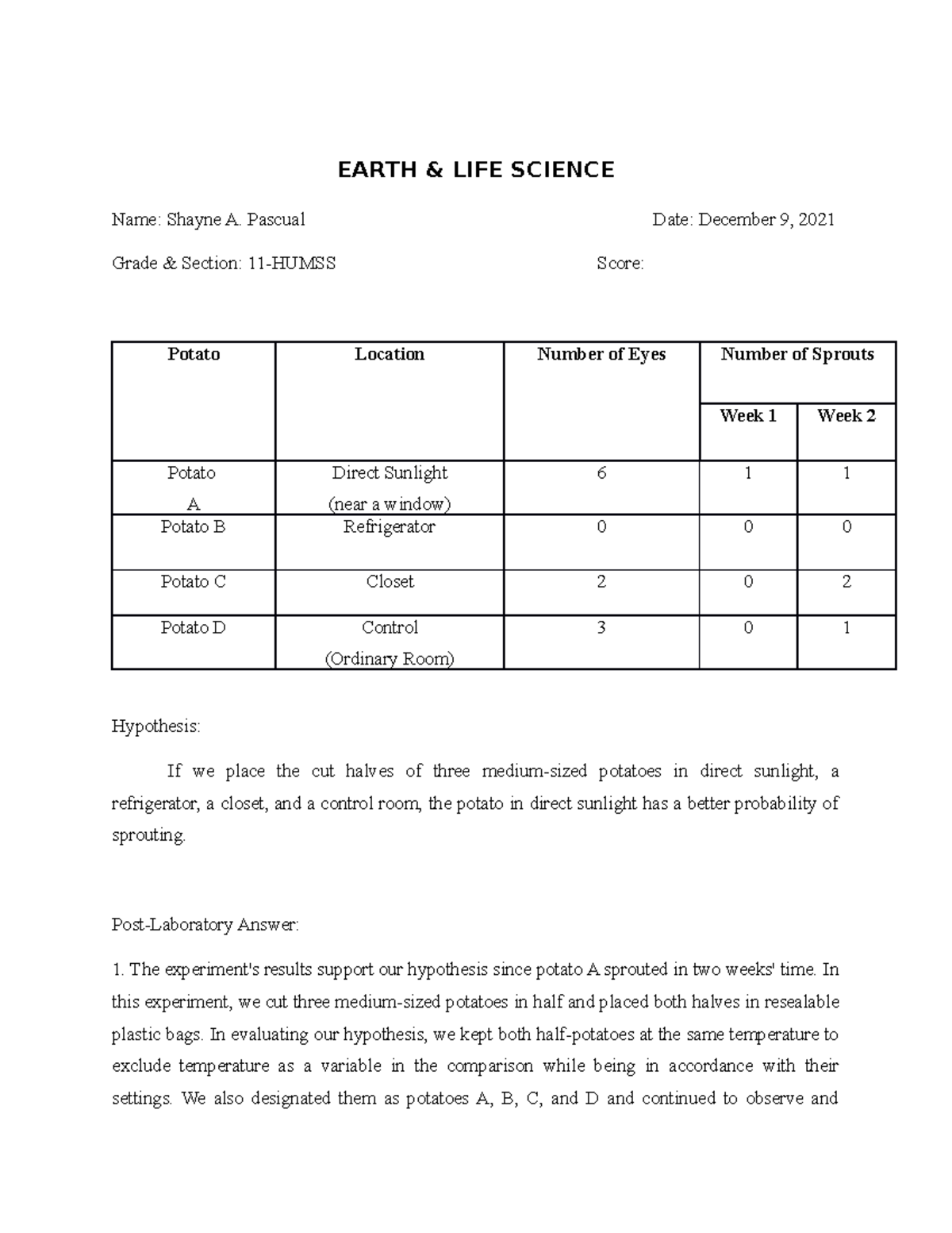Potato EYES EXP EARTH & LIFE SCIENCE Name Shayne A. Pascual Date