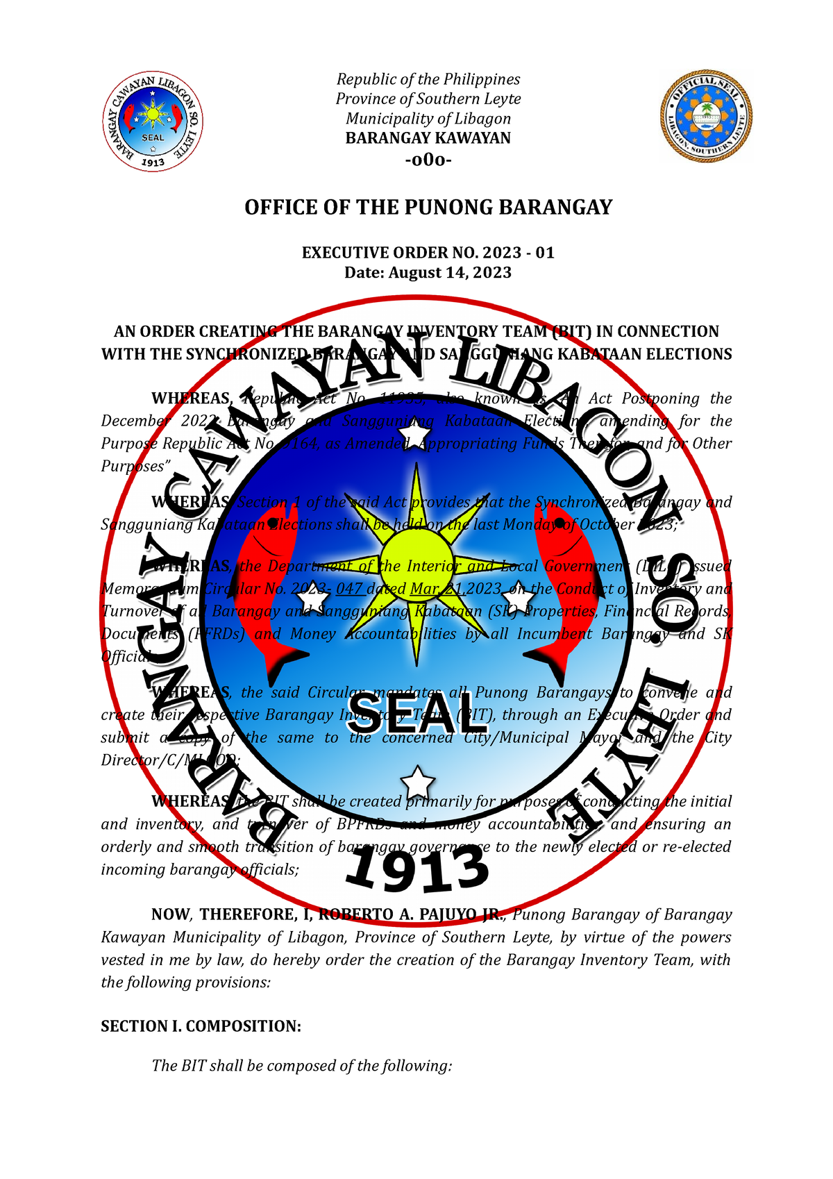 Executive Order BIT Barangay - Republic of the Philippines Province of ...