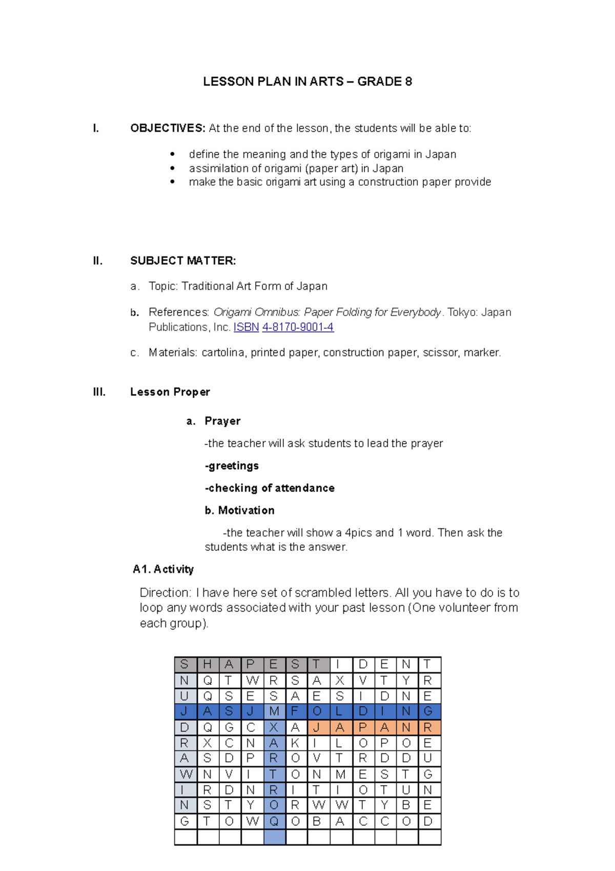 Art-lesson-plan - educ 6 - LESSON PLAN IN ARTS – GRADE 8 I. OBJECTIVES ...