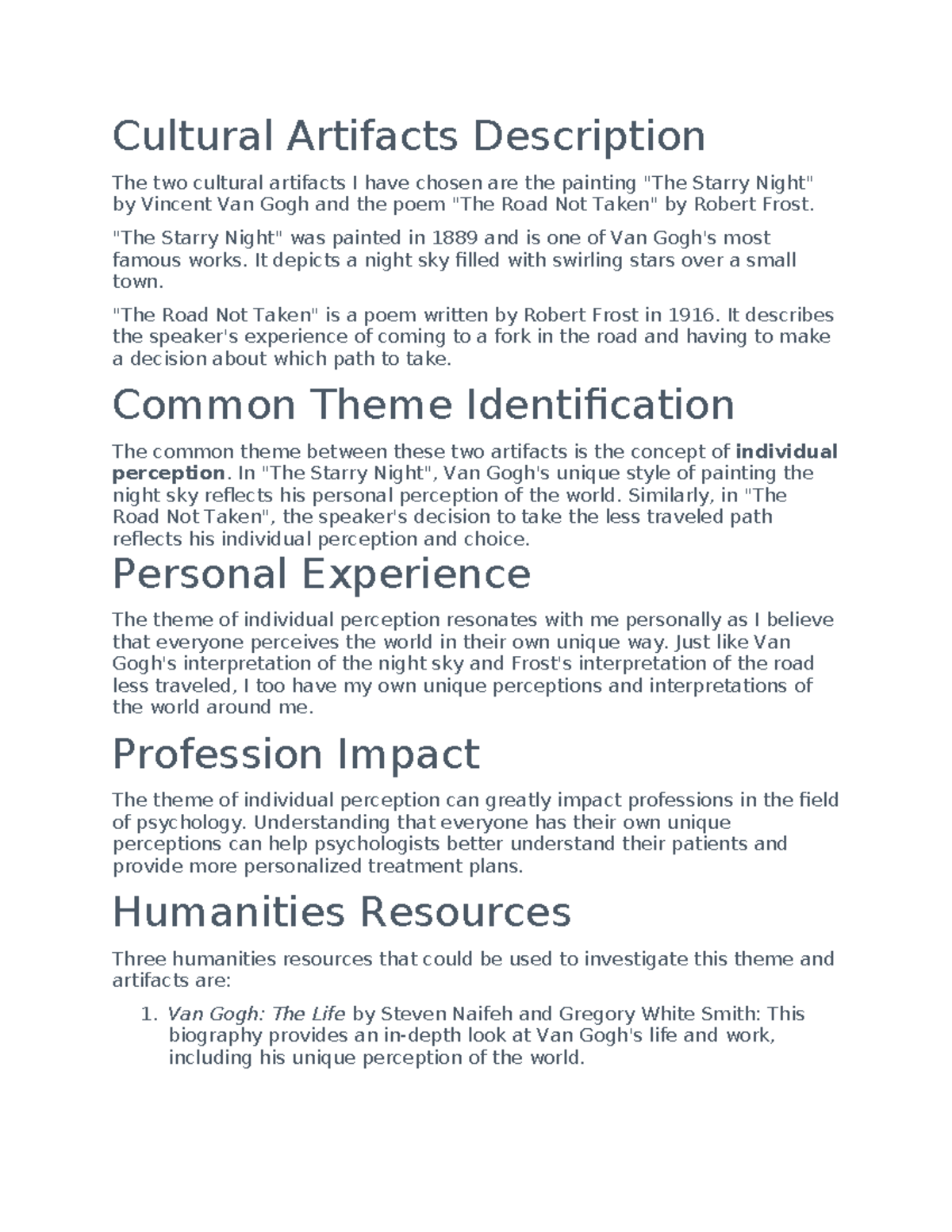 Cultural Artifacts Descriptio 1 - Cultural Artifacts Description The ...