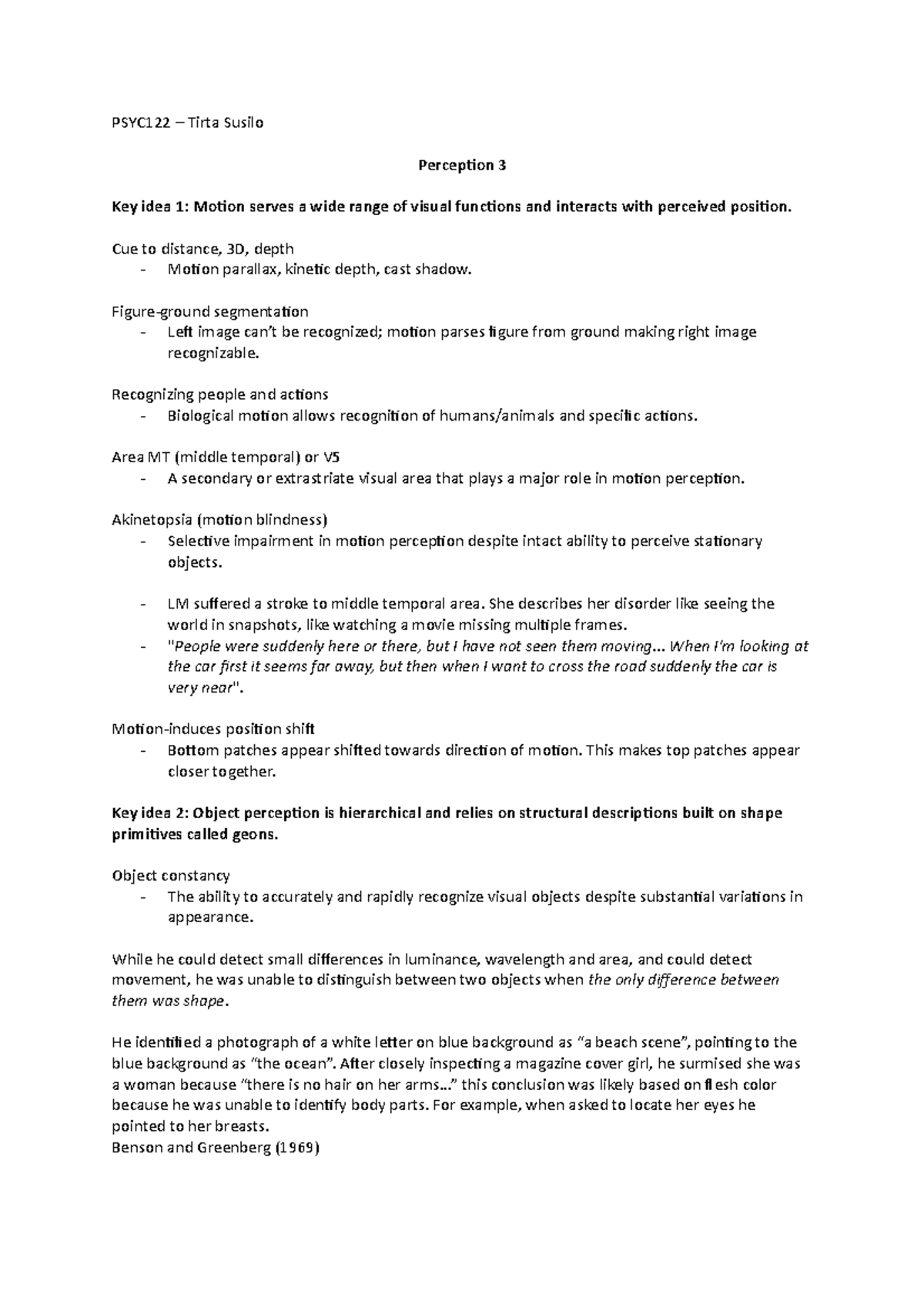 L3 - Perception 3 - lecture notes - PSYC122 – Tirta Susilo Perception 3 ...