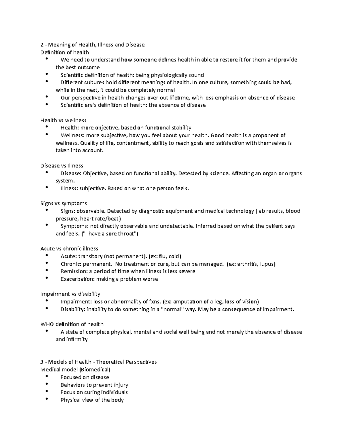152 midterm review - Lecture notes 1-6 - 2 - Meaning of Health, Illness ...