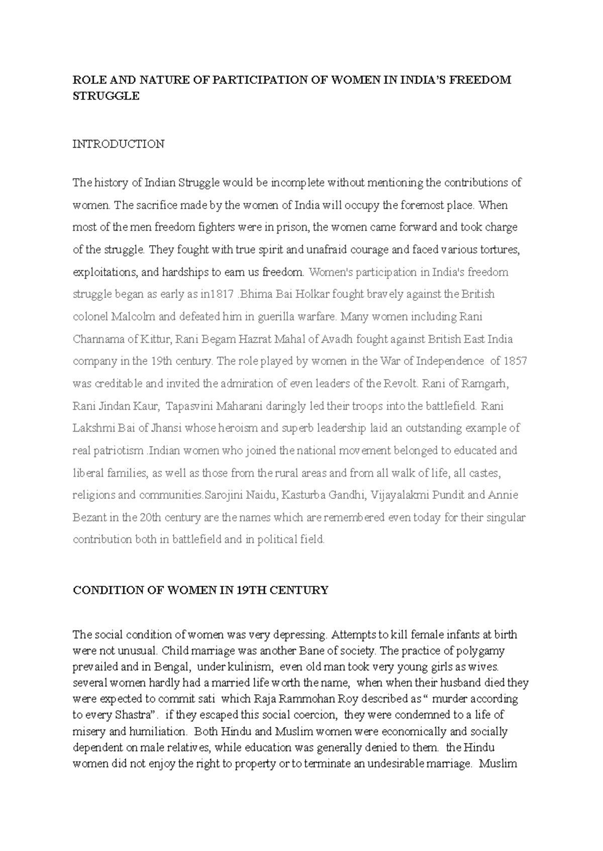 ROLE AND Nature OF Participation OF Women IN India’S Freedom Struggle ...