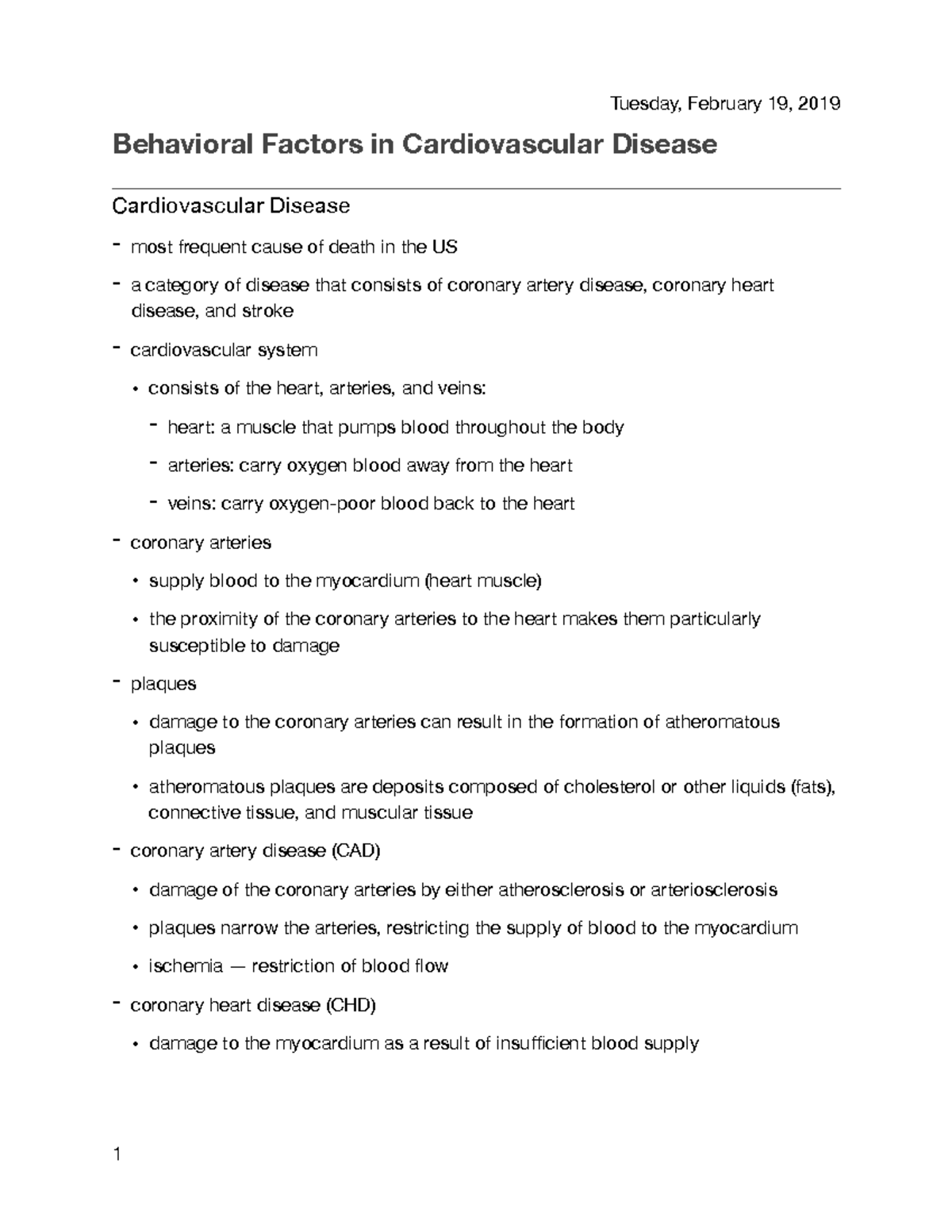 Chapter 9 - lecture notes - Behavioral Factors in Cardiovascular ...