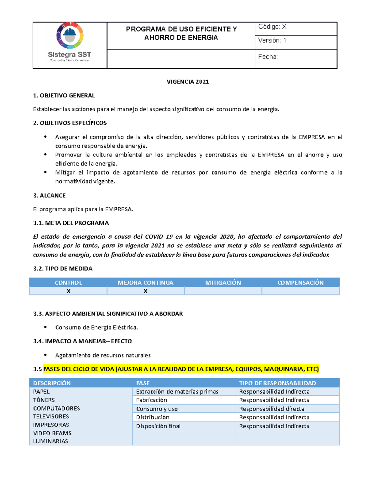 Programa DE USO Eficiente DE Energia - PROGRAMA DE USO EFICIENTE Y ...