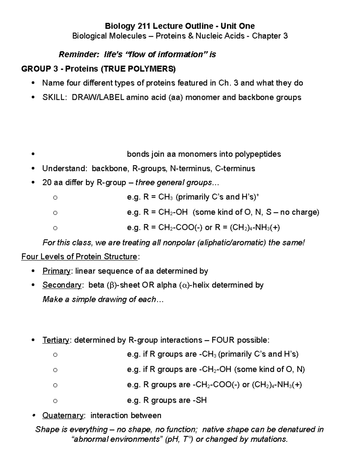 03Prot Nuc%28W23%29 - jeududeu - Biology 211 Lecture Outline - Unit One ...