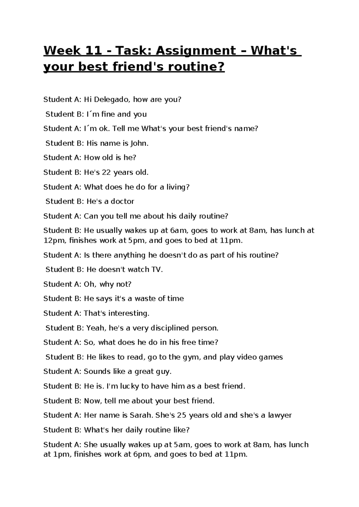 Week 11 - Task Assignment – What's your best friend's routin - Tell me ...