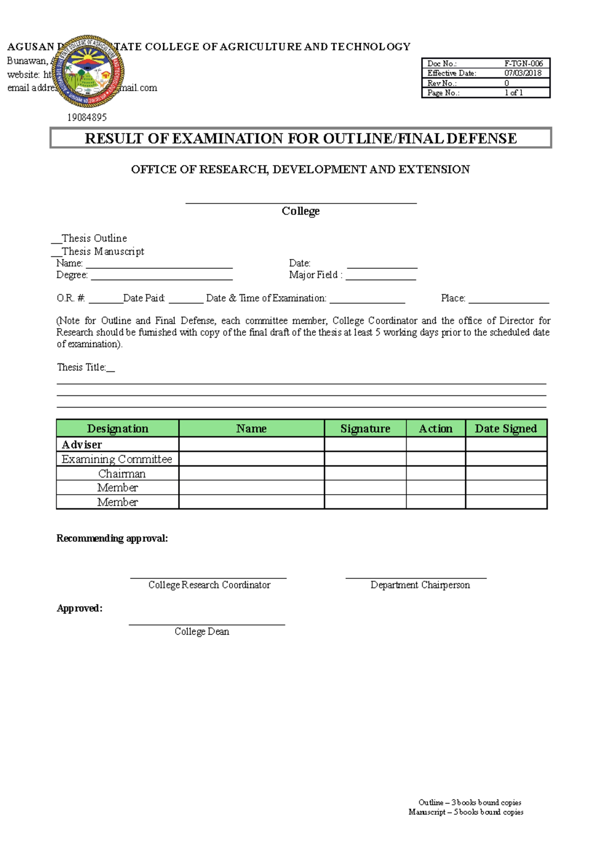 F TGN 006 Result of Examination for Defense AGUSAN DEL SUR STATE COLLEGE OF AGRICULTURE AND