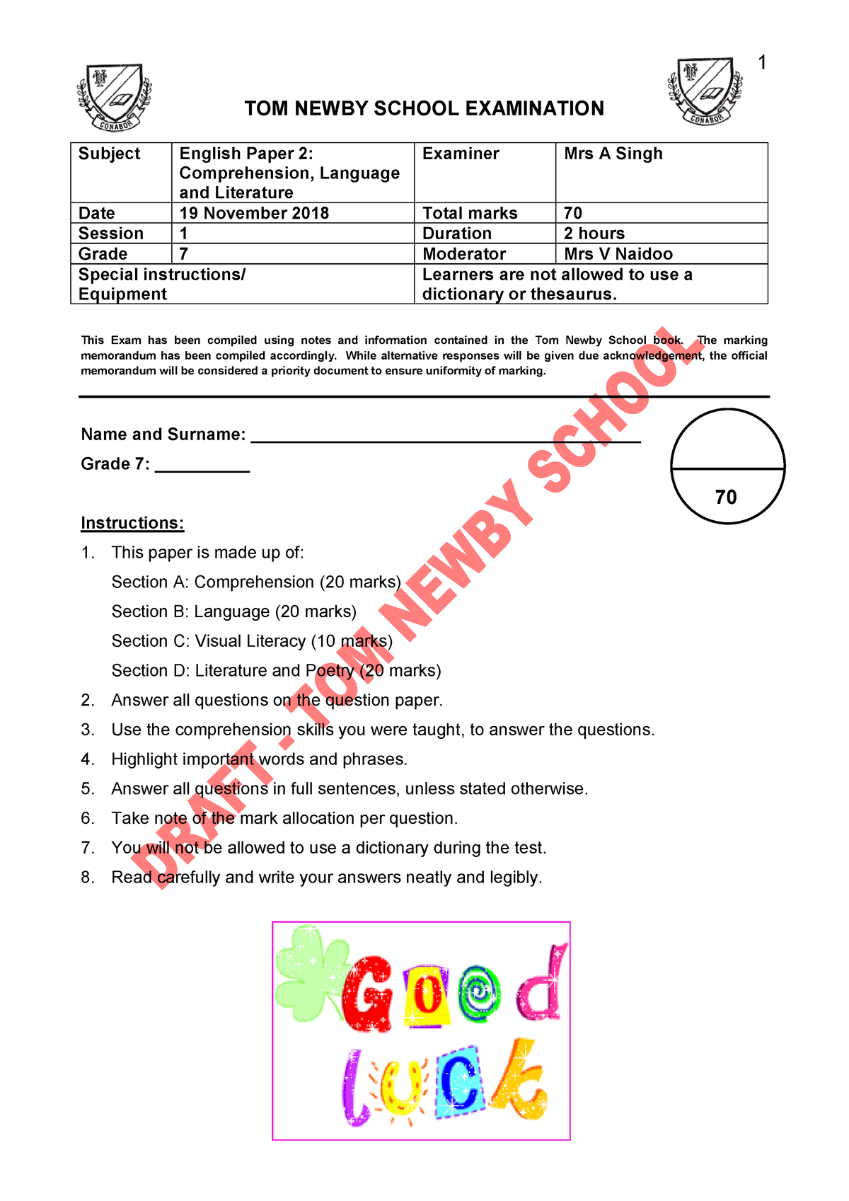 Grade 7 English Exam November 2018 Watermark TOM NEWBY SCHOOL 