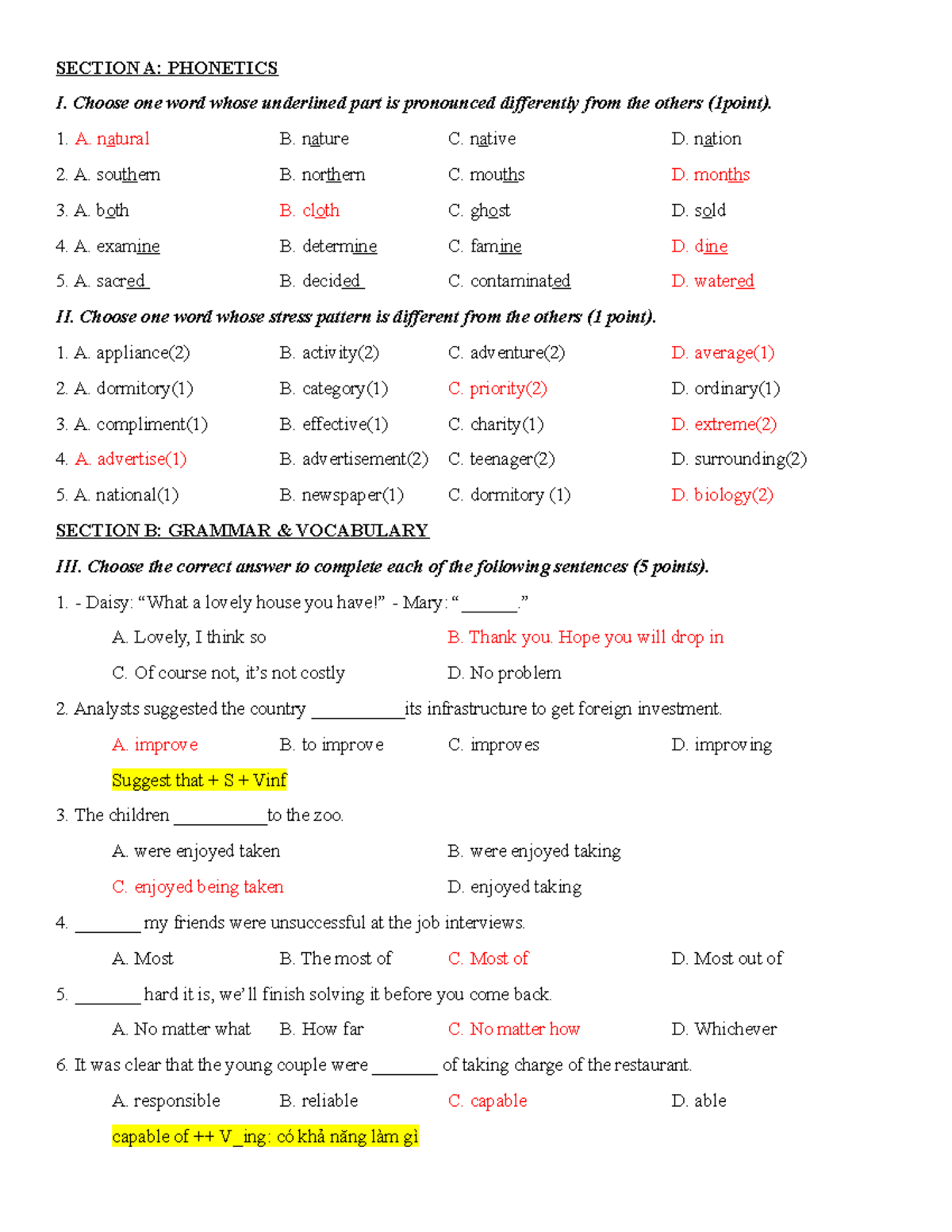 đề 2 ôn CA - SECTION A: PHONETICS I. Choose One Word Whose Underlined ...