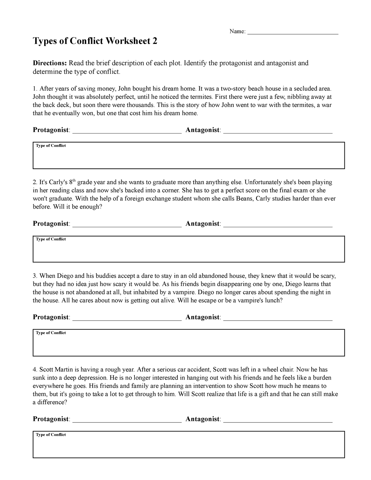 Types of conflict worksheet 2 - Name 