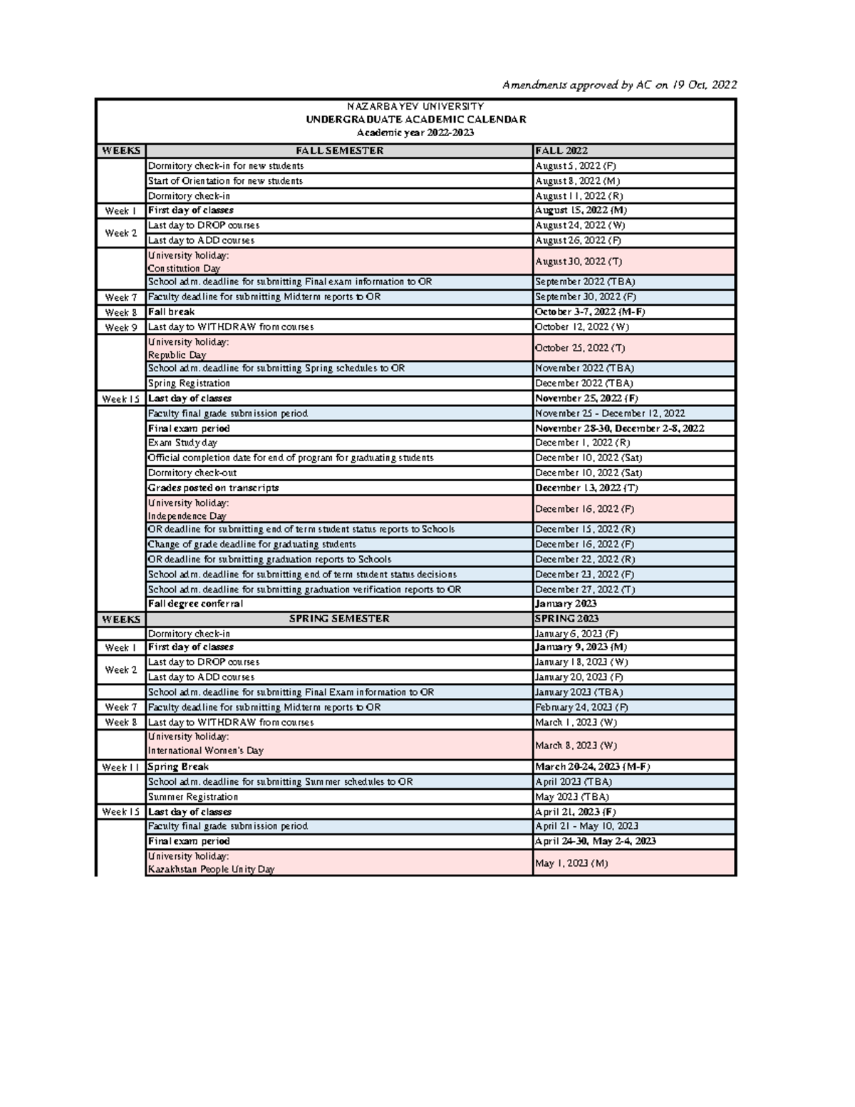 Undergraduate Academic Calendar for 2022-2023 amended due to holidays 0