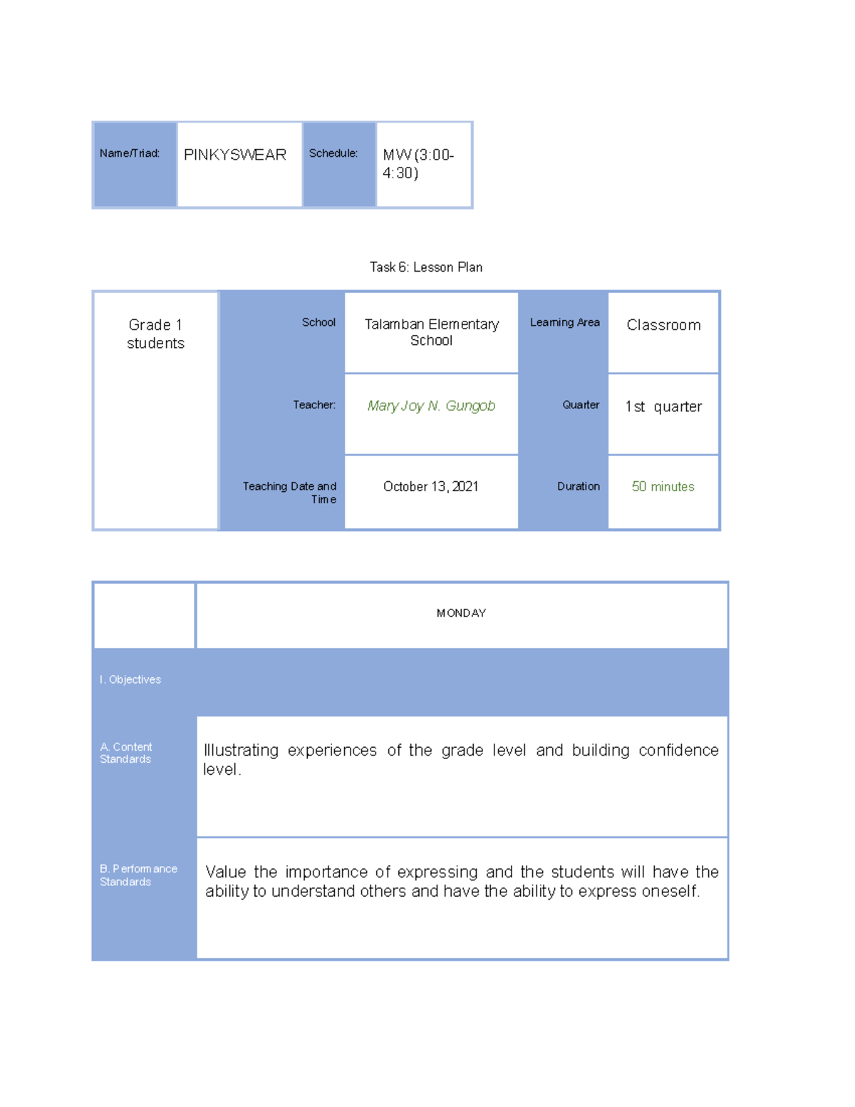 Pinky Swear Lesson Plan - Name/Triad: PINKYSWEAR Schedule: MW (3:00- 4: ...