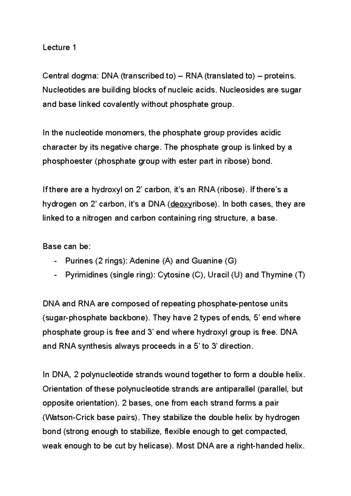 BIOL 200 M - First 4 lectures - Lecture 1 Central dogma: DNA ...