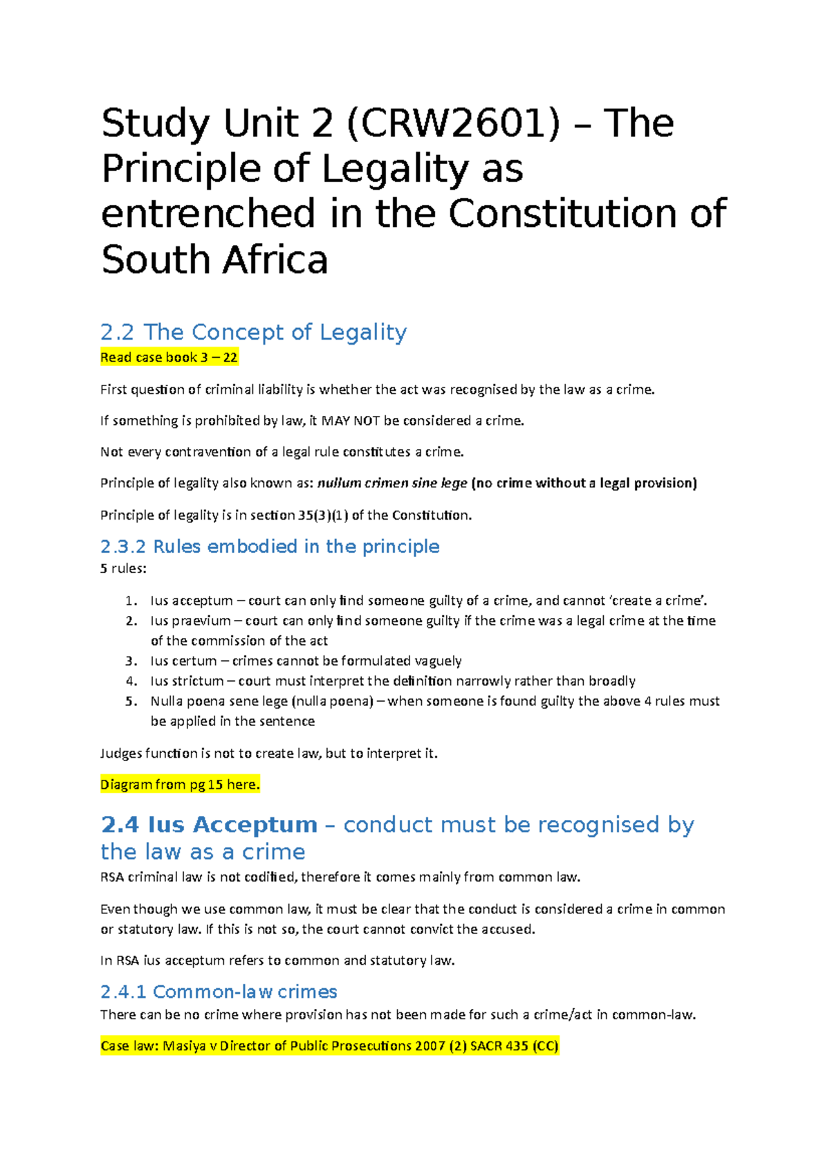 CRW2601 Study Unit 2 The Principle of Legality - Study Unit 2 (CRW2601 ...