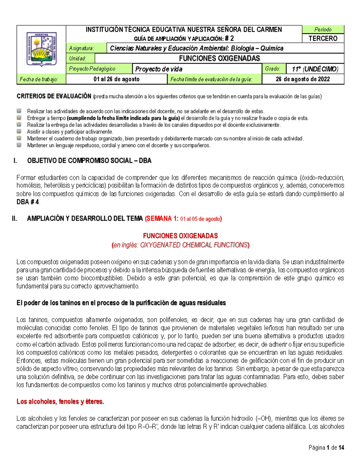 GUÍA # 2 UNDÉCIMO - Biología- Química - Tercer PERÍODO - INSTITUCI”N T ...