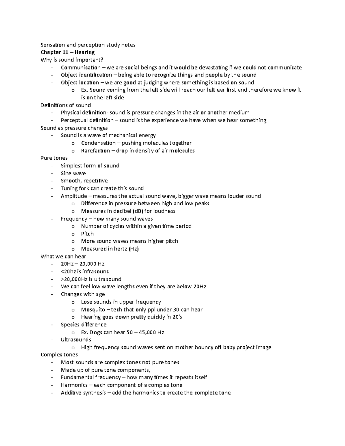 Study notes - Sensation and perception study notes Chapter 11 – Hearing ...