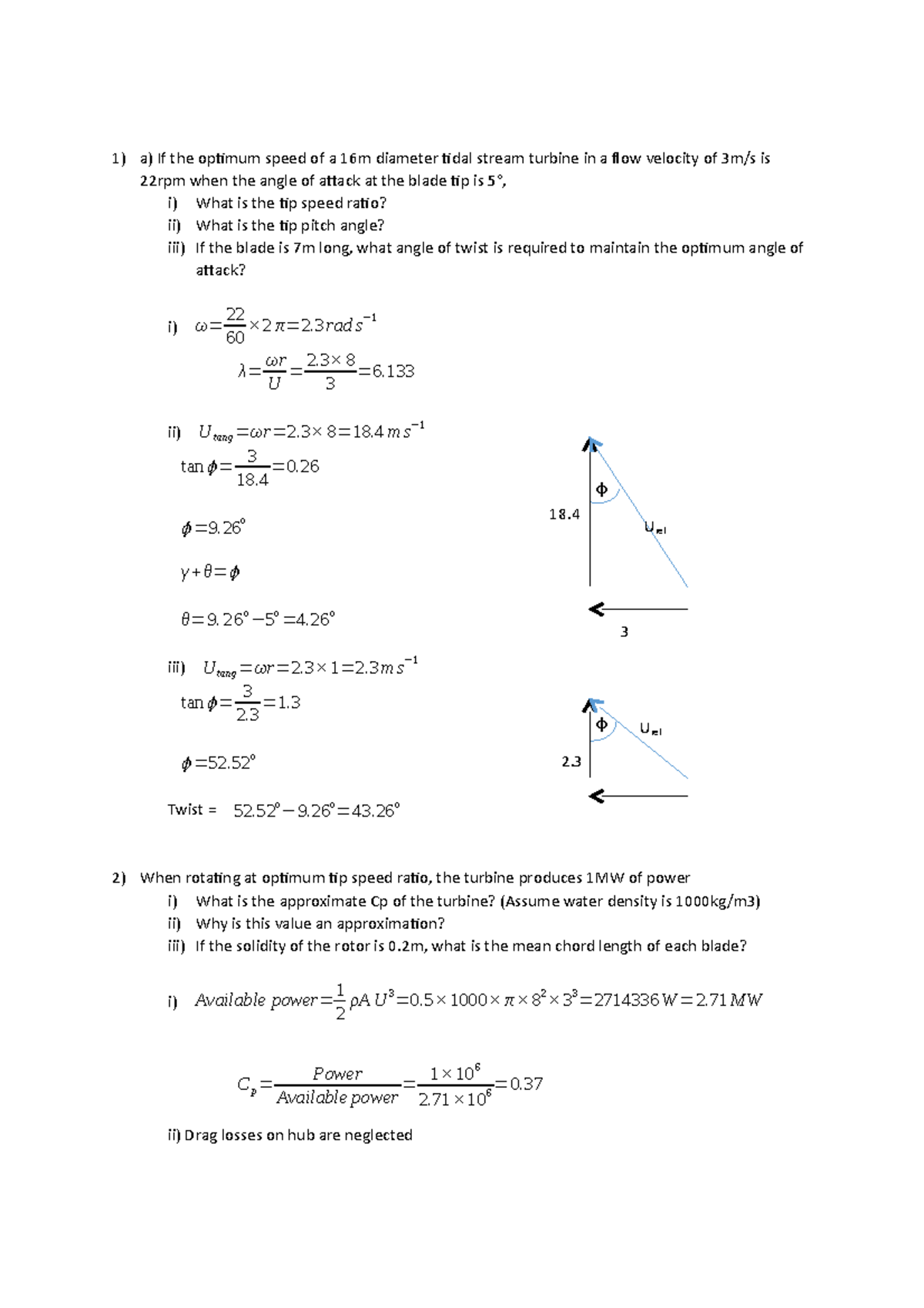 Tidal Energy Tutorial Solutions - a) If the optimum speed of a 16m ...