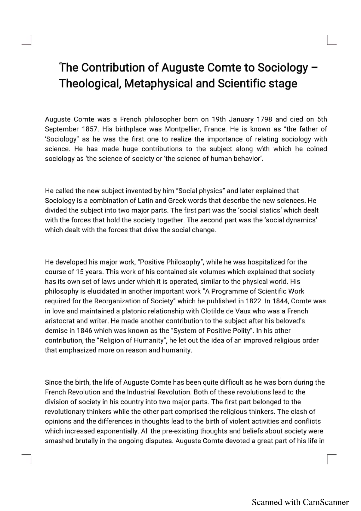 Contribution of Auguste Comte to Sociology Theological, Metaphysical