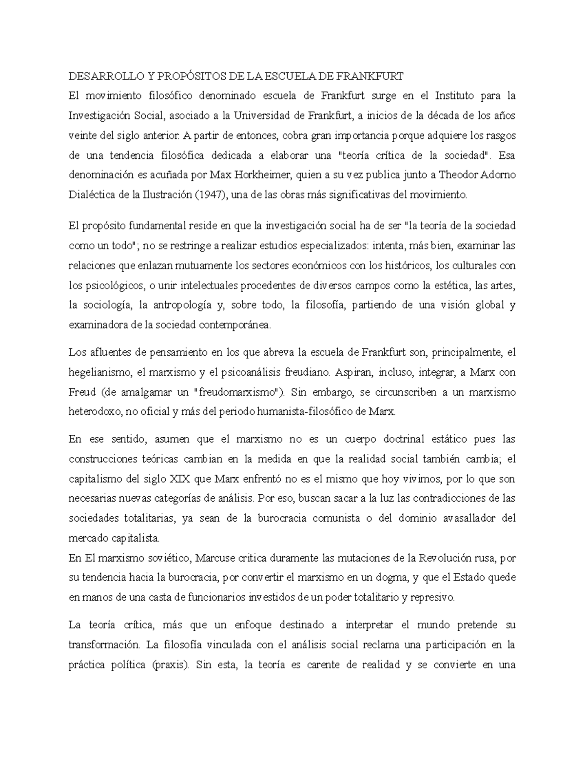 Escuela DE Frankfurt Y Herbert Marcuse DESARROLLO Y PROP SITOS DE LA