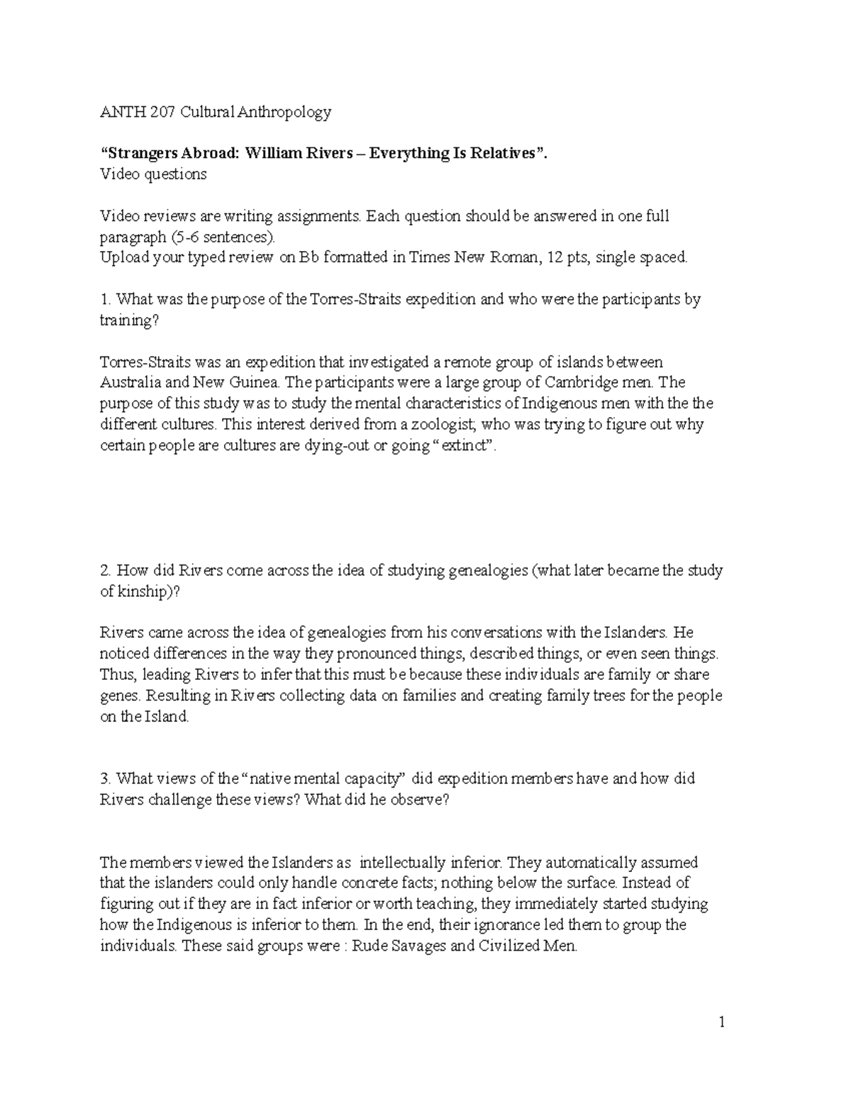 Video 3 questions - William Rivers - Everything Is Relatives - ANTH 207 ...