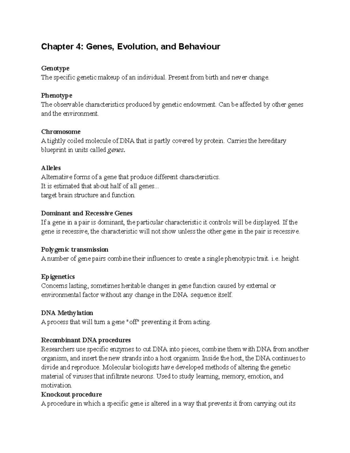 Chapter 4 Genes, Evolution, and Behaviour - Chapter 4: Genes, Evolution ...